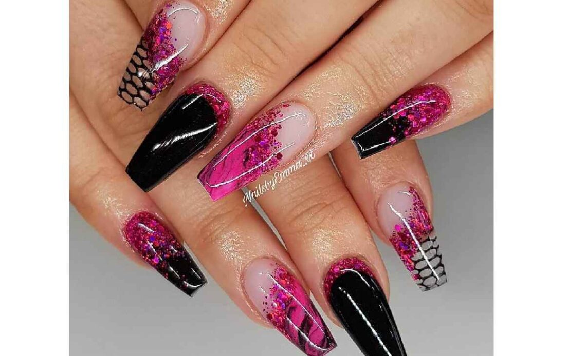 Glitter Hot pink And Black Nails Art